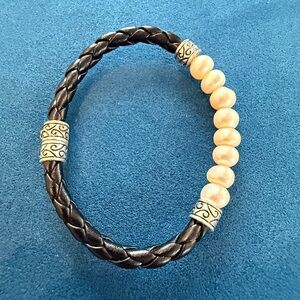 White Pearl Black Braided Leather Silver Bracelet